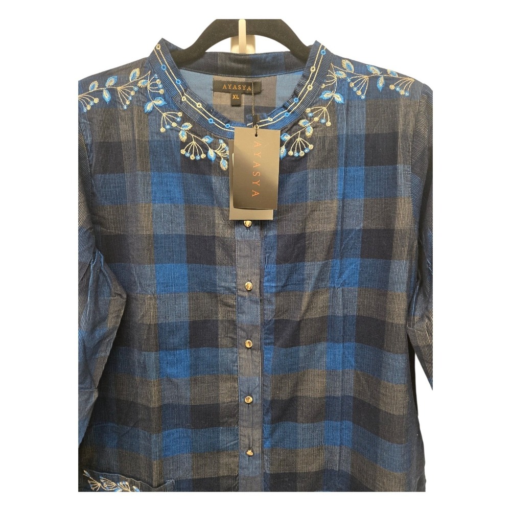 Ayasya Blue Black Plaid Embroidered Kurta Tunic Top Womens XL NWT‎ Boho
